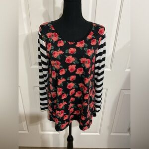 LuLaRoe L Black Floral and Striped Long Sleeve Lannae Top